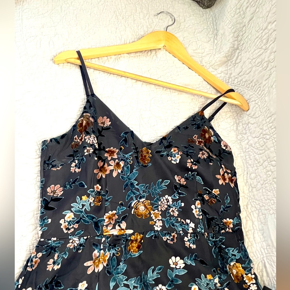 Lulus blue with brown flowers-midi dress asymmetrical bottom with thin straps